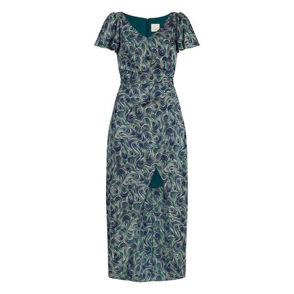 NWT CINQ Á SEPT Kacydie Green 90s Floral Abstract Slit Midi Dress Size 10 - Picture 2 of 12